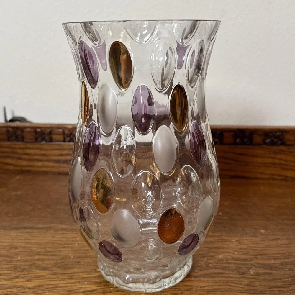 Mid Century Bohemian Art Glass Vase Amber Purple Frosted Coin Dot Thumbprint 8